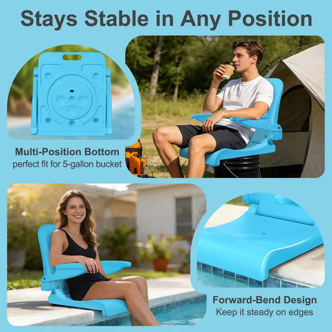 Person relaxing on a Foldable Outdoor Poolside Chair With Armrests And Drainage Hole Portable Beach Kickback Chair With Handle, Blue.