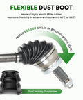 Close-up of Front Right CV Axle Shaft Assembly for Sonata 2.4L 2015-2019 and Optima 2.4L 2016-2020 gas model with flexible dust boot.