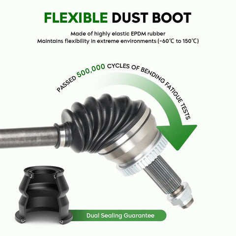 Close-up of Front Right CV Axle Shaft Assembly for Sonata 2.4L 2015-2019 and Optima 2.4L 2016-2020 gas model with flexible dust boot.
