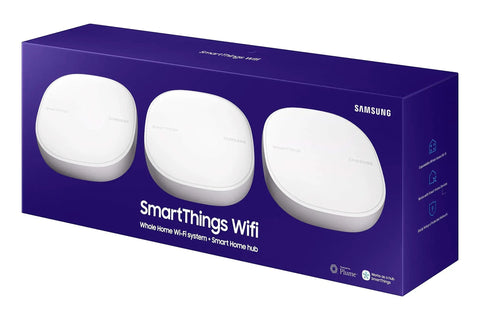 Box packaging of All-In-One SmartThings WiFi Mesh Router And Hub For Whole Home Coverage With Zigbee And Z-Wave, White Three Pack