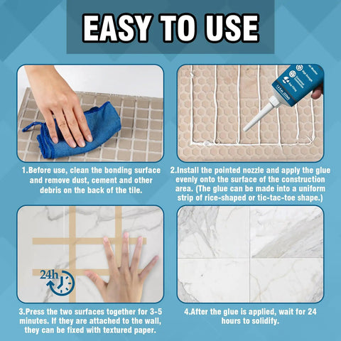 Instruction guide for using Heavy Duty Construction Adhesive For Concrete, Tile, Stone, Wood And More, Super Strong Cement Glue In A 7.4 Ounce Squeeze Tube