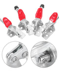 Heavy Duty Mini Toggle Clamps 4-Pack Quick-Release Horizontal Clamps For Woodworking Fixtures And Jigs, Multi-Purpose Hold-Down Tool For Welding, Electronics, Auto Repair, And Furniture Projects, DIYers Friendly PVC And Iron Construction, red handle, close-up on joints