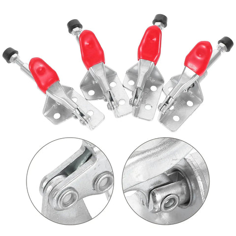 4-Piece Horizontal Quick Fixed Toggle Clamps For Welding And Woodworking, iron and PVC, close-up of mechanism details, push-pull tools.