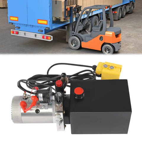 Get This Bad Boy 3KW Hydraulic Pump With A Massive Steel Tank For Your Dump Trailer, Car Lift Or Snow Plow, showing motor and remote.