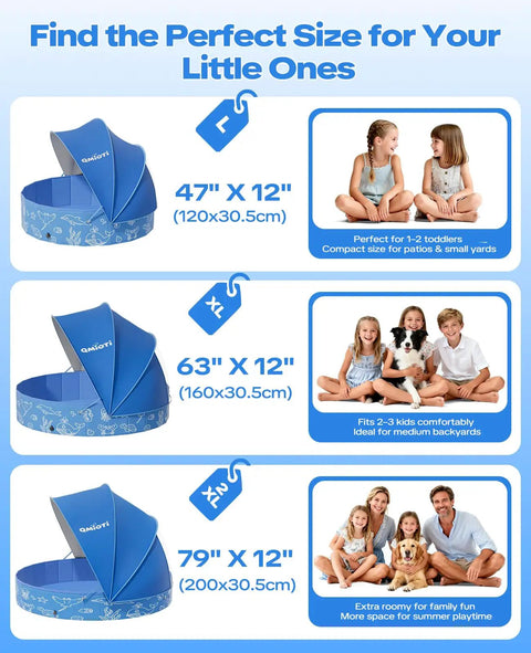 Three sizes of kiddie pools with UPF 50+ canopy, including 63 Inch Kiddie Pool With Detachable UPF 50 Plus Canopy Foldable And Portable Non Slip Pool For Backyard Beach And Outdoor Summer Water Play For Kids And Pets, shown with children and family.