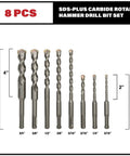 8-Piece SDS Plus Drill Bit Set Carbide Tipped For Rotary Hammer Masonry Concrete Brick Stone Block Stucco Includes Sizes