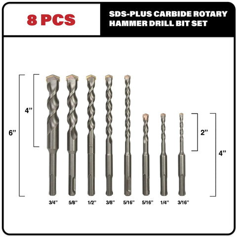 8-Piece SDS Plus Drill Bit Set Carbide Tipped For Rotary Hammer Masonry Concrete Brick Stone Block Stucco Includes Sizes