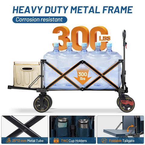 Extra Long Folding Wagon With Tailgate And Brakes For Easy Haul, Heavy Duty 300Lb Load Capacity And Adjustable Handle, 250L Spacious Portable Cart For Outdoor Camping, Sports, Beach Trips, Blue with 300 lb loading containers inside