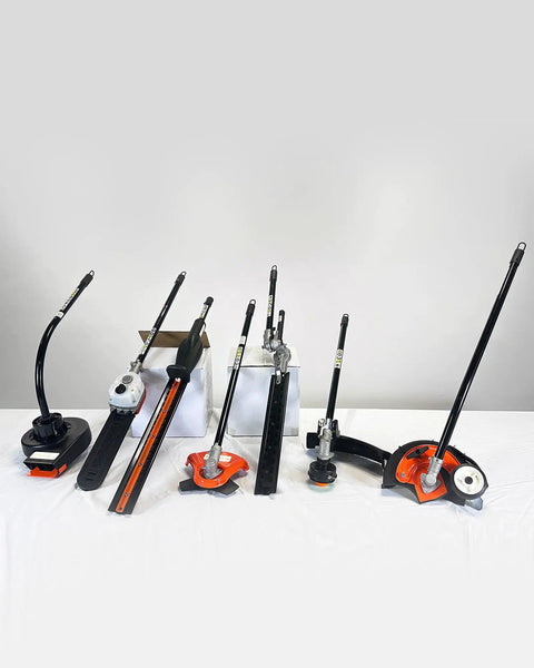 Various power tool attachments including the 16 Inch Articulating Hedge Trimmer Attachment With Beefed-Up Dual Action Blade And 0.75 Inch Cutting Capacity