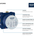 Diagram showing Rapido Universal Rough In Box For Shower Faucets With Quick Install And Plaster Guard features and specifications.