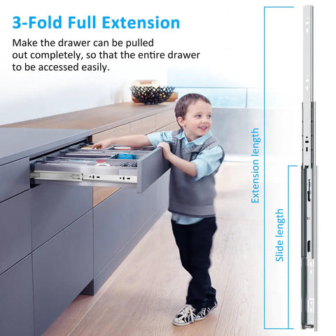 Child pulling out a drawer using Stainless Steel Drawer Slides With Ball Bearing Full Extension 3 Fold Side Mount Cabinet Runners Rails Track 100 Lb Load 20 Inch Heavy Duty Built Tough For Kitchen And Workshop Storage.