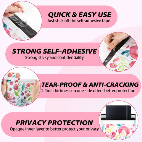 Durable 6x9 Floral Poly Mailers 100 Pack For Shipping Waterproof Tear Resistant Mailing Bags Easy Seal Envelopes For Small Biz Lightweight Packaging Bags That Stand Up To Rough Transit details of adhesive and privacy features