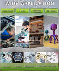 Image showcasing wide applications of Pro Grade Industrial Heavy Duty Ultrasonic Cleaner 10L 240W in labs and auto parts.