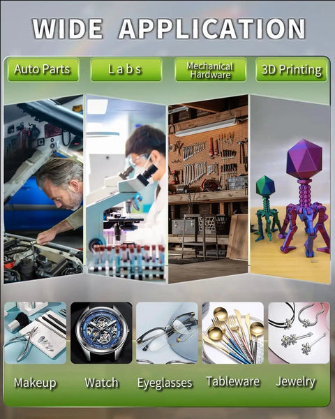 Image showcasing wide applications of Pro Grade Industrial Heavy Duty Ultrasonic Cleaner 10L 240W in labs and auto parts.
