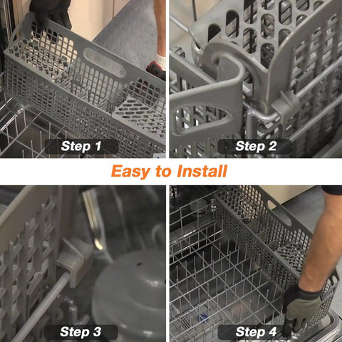Installation steps for Beefed Up ABS Dishwasher Silverware Basket For Whirlpool And KitchenAid Utensil Rack Replacement in dishwasher.