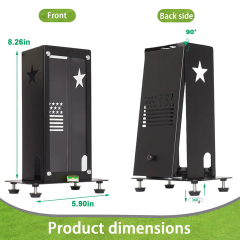Front and back view of Protective Shield For Square Golf Launch Monitor With Leveling And Ventilated Metal Case, black.
