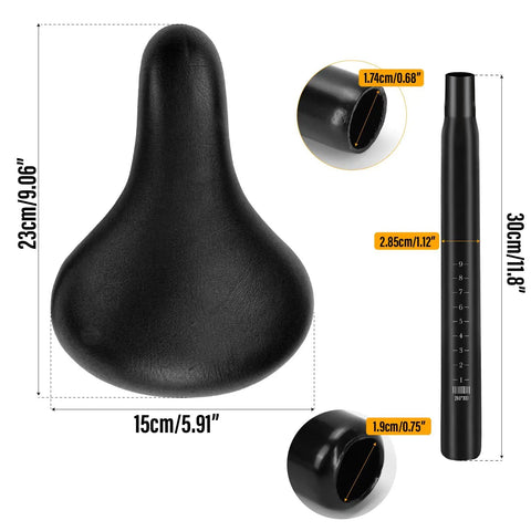 Kid Friendly Bike Seat Replacement With Post For Boys And Girls Cushioned Comfort Saddle dimensions and post measurements.