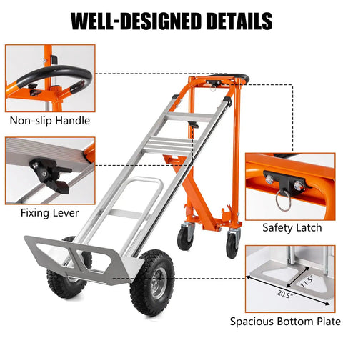 3 In 1 Convertible Hand Truck Aluminum Utility Dolly Cart With 880 Lb Capacity details: non-slip handle, fixing lever, safety latch.