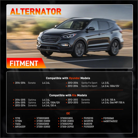 12V 150A Drop-In DIY Friendly Car Alternator Replacement For Kia Optima, Sorento, Hyundai Sonata, Santa Fe Sport fitment info