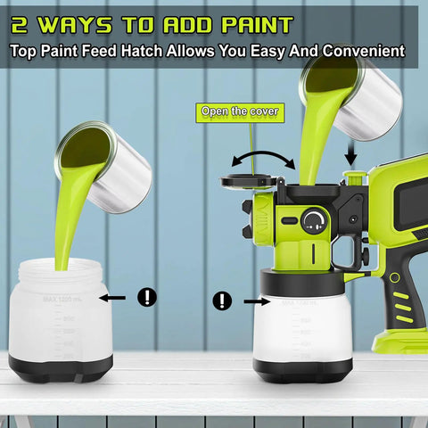 Kick Your DIY Projects Into High Gear With This Cordless Automatic Paint Sprayer Tool Only Compatible With Ryobi 18V Batteries No Cords Just Effortless Precision Finishing pouring paint into the top feed hatch.