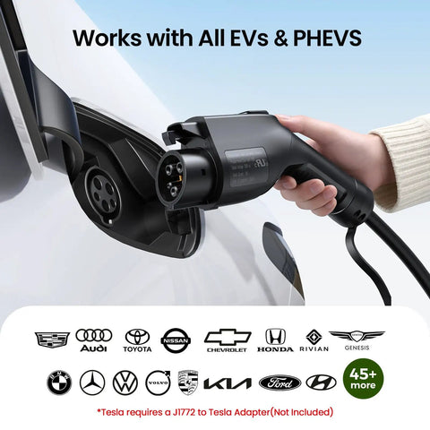 Plug And Play 40 Amp Level Two EV Charger Nema 14 50p 9.6kW J1772 Home Charging Station plugged into electric vehicle.