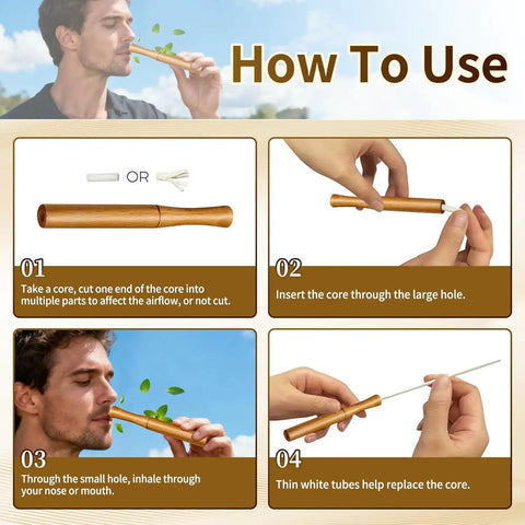 Infographic on using All Natural Herbal Inhaler With Premium Walnut Wood For Clear Breathing and Fresh Breath instructions