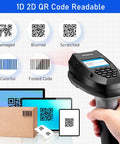 2D And 1D Wireless Barcode Scanner With Smart Charging Stand Portable Inventory Data Terminal shown scanning various codes