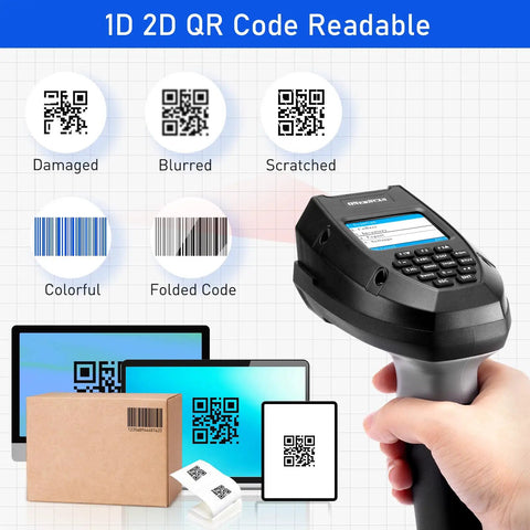 2D And 1D Wireless Barcode Scanner With Smart Charging Stand Portable Inventory Data Terminal shown scanning various codes