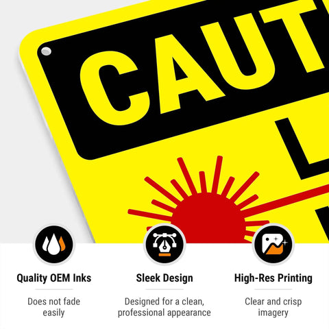 Laser In Use Sign Caution Sign 10x7 Inches Rust Free Aluminum Fade Resistant Indoor Outdoor Safety Sign For Shops And Factories And Industrial Spaces Made In USA close-up