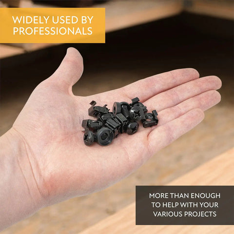 Top Shelf Heavy Duty M6 Rack Screws And Cage Nuts Kit With Flat Washers Shop Grade black coated fasteners held in hand.