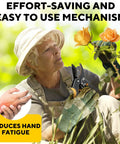 Gardener using heavy duty pruning shears with ratchet cut for easy gardening, trimming roses with less strain, reduces hand fatigue.
