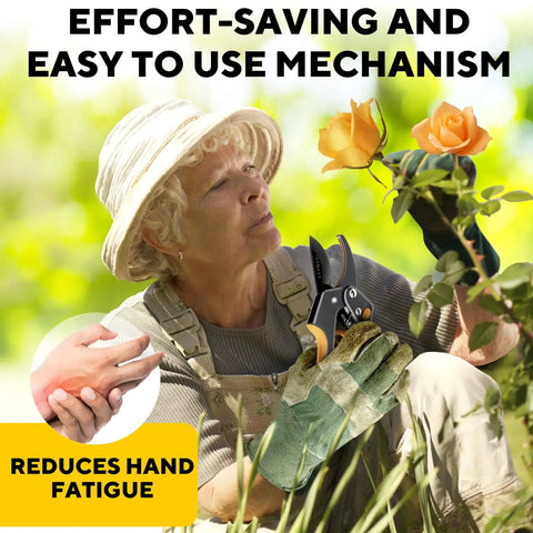 Gardener using heavy duty pruning shears with ratchet cut for easy gardening, trimming roses with less strain, reduces hand fatigue.