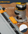 Real Deal Router Guide Rail Adapter For DeWalt DWP611 And DCW600B Fixed Base Trim Routers compatible with Makita, setup with rail stops.