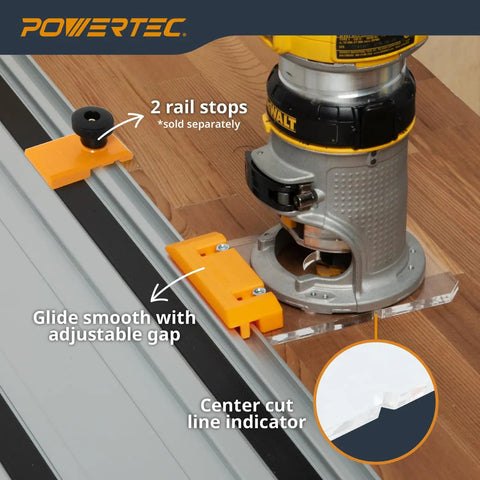 Real Deal Router Guide Rail Adapter For DeWalt DWP611 And DCW600B Fixed Base Trim Routers compatible with Makita, setup with rail stops.