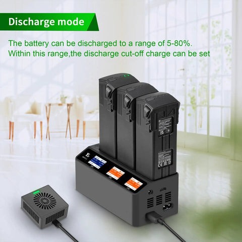 230W LCD Multifunction Battery Charger for DJI Mavic 3 with three batteries in discharge mode