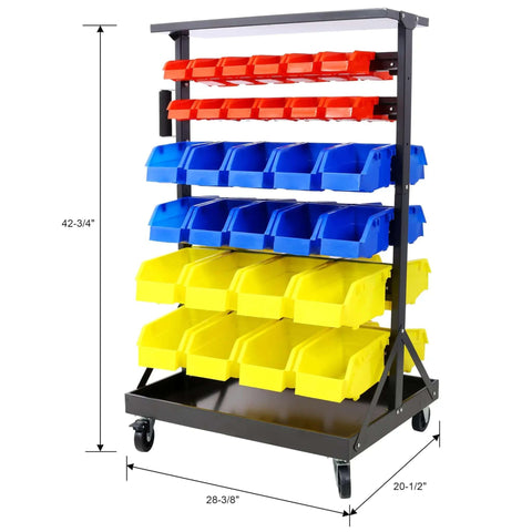 6-Tier Dual-Sided Rolling Bin Rack with Heavy Duty Steel Construction and Casters, 350 lbs capacity, side view with colorful bins