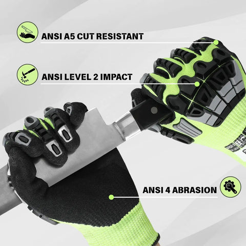 All Purpose A5 Cut Resistant Work Gloves For Men And Women With Rugged Grip and Impact Protection, Medium Size, showing grip and features