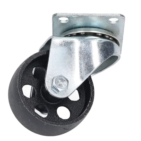 Heavy Duty 3 Inch Swivel Caster Wheels Built Like A Tank With Solid Cast Iron And Slick Dual Bearings For Smooth Glide On Indoor Outdoor Trolley Cart close-up view showing cast iron wheel and mounting plate.