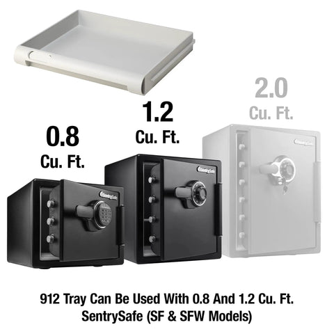 Multi-Position Shelf Insert For 0.8 And 1.2 Cu Ft Fireproof Safes White Tray Accessory with safe models illustration