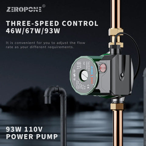 Hot Water Recirculating Pump 93W With NPT Three Quarters Inch Inlet And One Half Inch Adapter Stainless Steel Head showing three-speed control