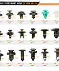 Image of 18 Size Push Bumper Fastener Rivet Clips Kit For Cars with 18 common sizes shown with dimensions and quantity details.