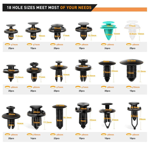 Image of 18 Size Push Bumper Fastener Rivet Clips Kit For Cars with 18 common sizes shown with dimensions and quantity details.