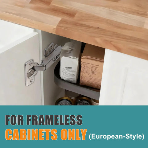 Built Like A Tank Soft Close Hinges For Frameless Cabinets With 110 Degree Full Overlay Motion and 35Mm European Concealed Mounting in use.