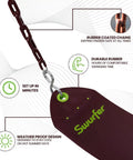 Tree Outdoor Swing Set Replacement Swing Seat With Heavy Duty Rubber Coated Chains showing Swurfer logo, close-up view
