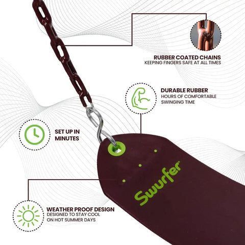 Tree Outdoor Swing Set Replacement Swing Seat With Heavy Duty Rubber Coated Chains showing Swurfer logo, close-up view