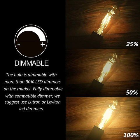 Dimmable Edison LED Bulbs Vintage Style 4W Amber Glass ST64 E26 Warm White 2200K-2400K showing different light levels
