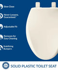 Elongated Biscuit Slow Close Toilet Seat With Easy Clean Hinges Adjustable Front To Back Fit For A Custom Wobble Free Quiet Bathroom Upgrade Durable Plastic Made In USA With Easy To Install Hardware Included, top view with features shown.