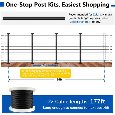 36 Inch Modular Cable Railing Post Kit For Deck Surface Mount With Heavy Duty Stainless Steel Wire System, showing posts and cable lengths.