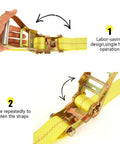 Close-up of yellow 2-inch ratchet strap with double J hooks showing labor-saving design and tightening process for trucks, trailers.