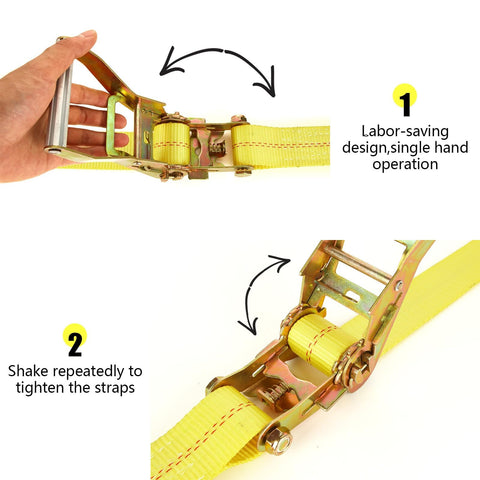 Close-up of yellow 2-inch ratchet strap with double J hooks showing labor-saving design and tightening process for trucks, trailers.